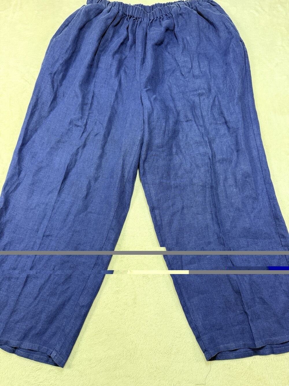VTG Flax Navy Blue Linen Wide Leg Crop Pants Lagenlook Coastal Grandm Sz 1G 1X